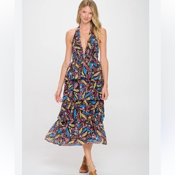 MEET ME IN SANTORINI FLORAL HALTER TIERED RUFFLE FOREST FAIRY MAXI DRESS SIZE XS - Picture 9 of 15